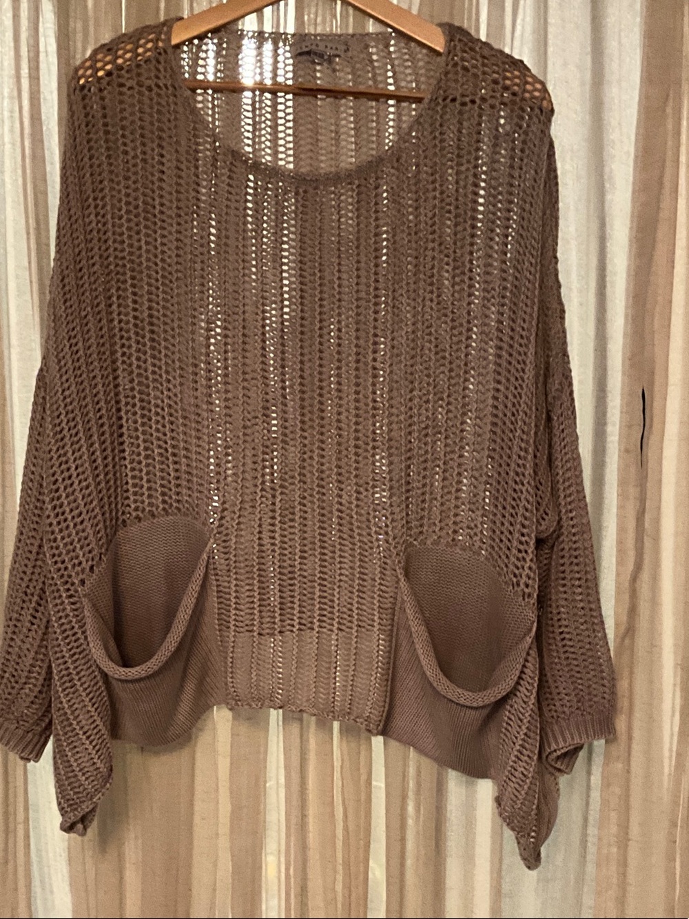 Tempo Paris Open-Weave Pocket Sweater in Taupe Brown